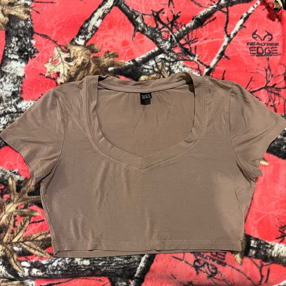Shein Brown Tan V-Neck Crop Top - Size Medium